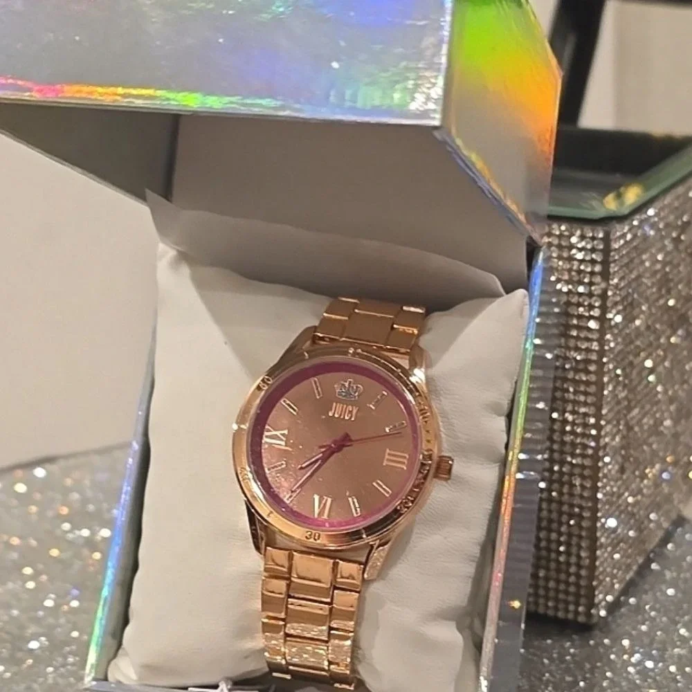 Juicy Couture Black Label Rhinestone Crown Logo Gold Rose Tone Braclet‎ Watch